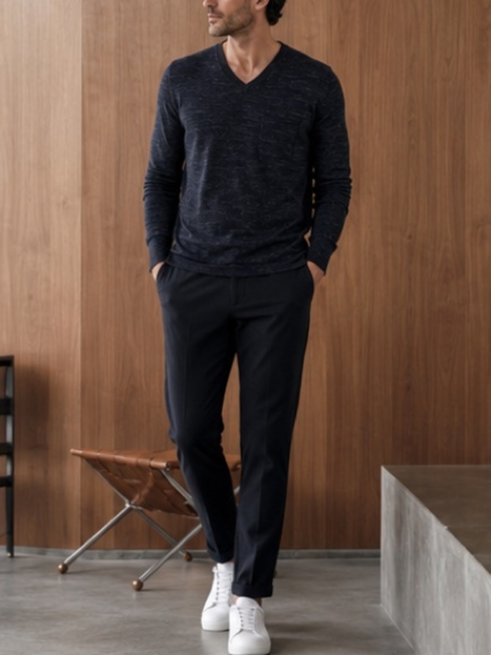 Vince men’s navy marled v neck sweater wool linen blend excellent Size XXL